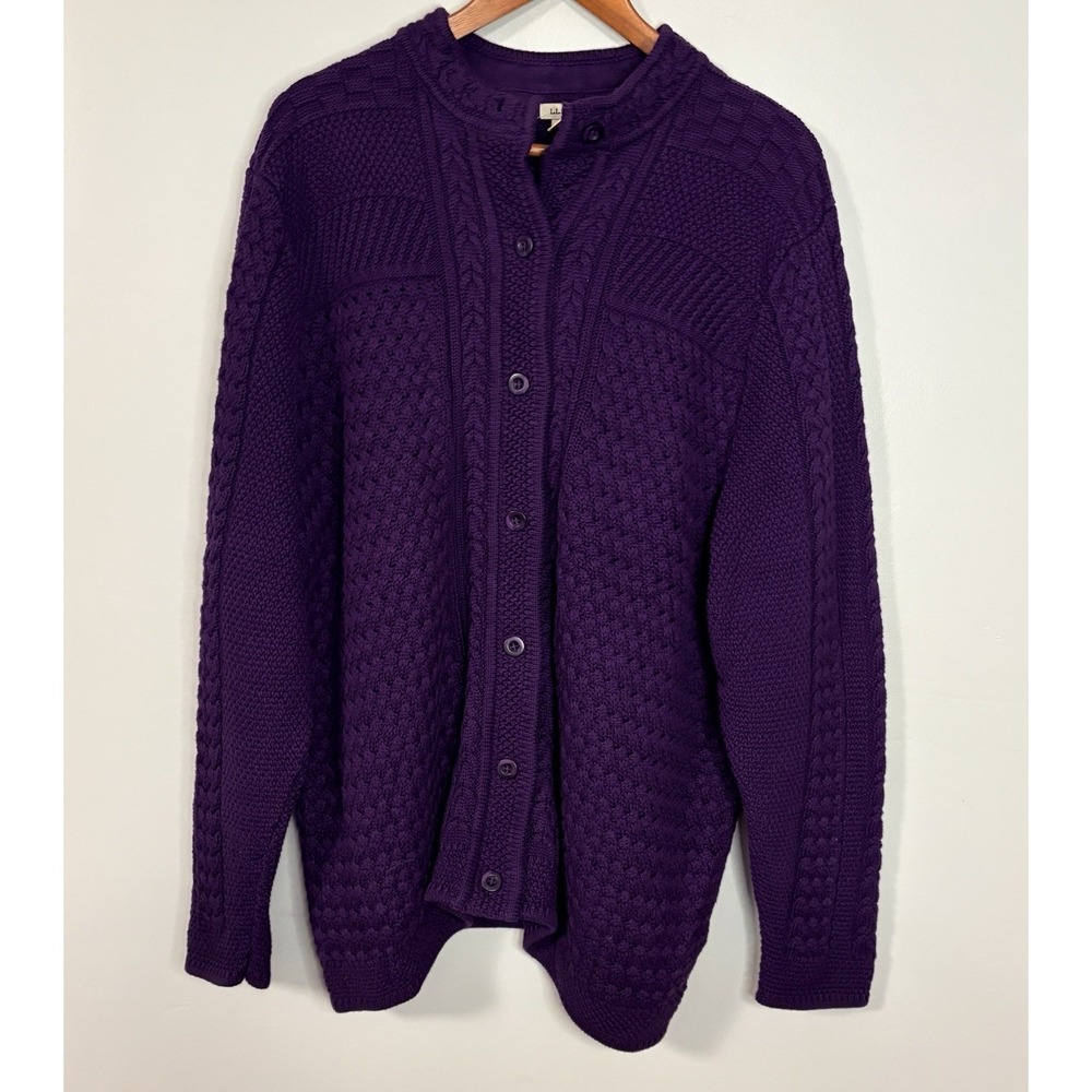 LL Bean Womens 3X Purple Cable Chunky Knit Button Cardigan Sweater Fall